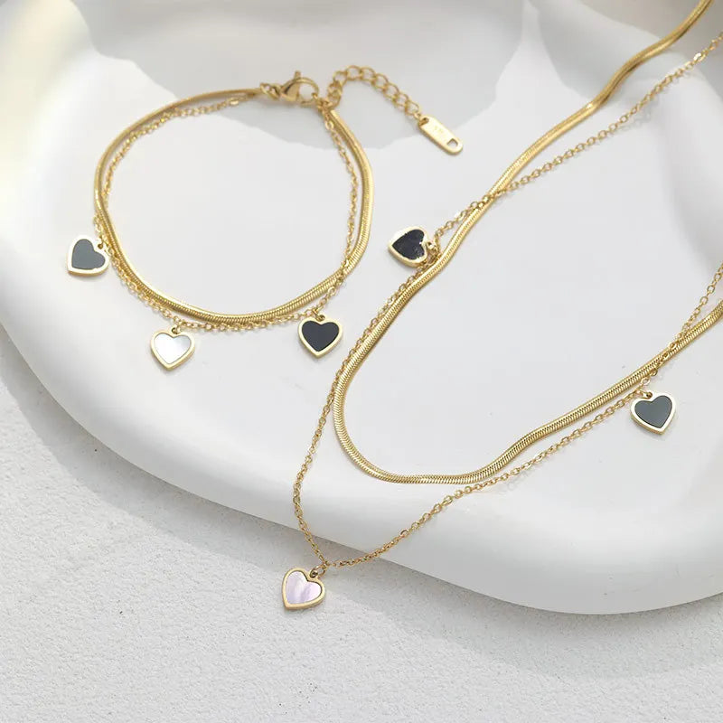 Unique Design French Jewelry Gold Plated Heart Stainless Steel Pendant Choker Bracelet Necklace Set Women B-412
