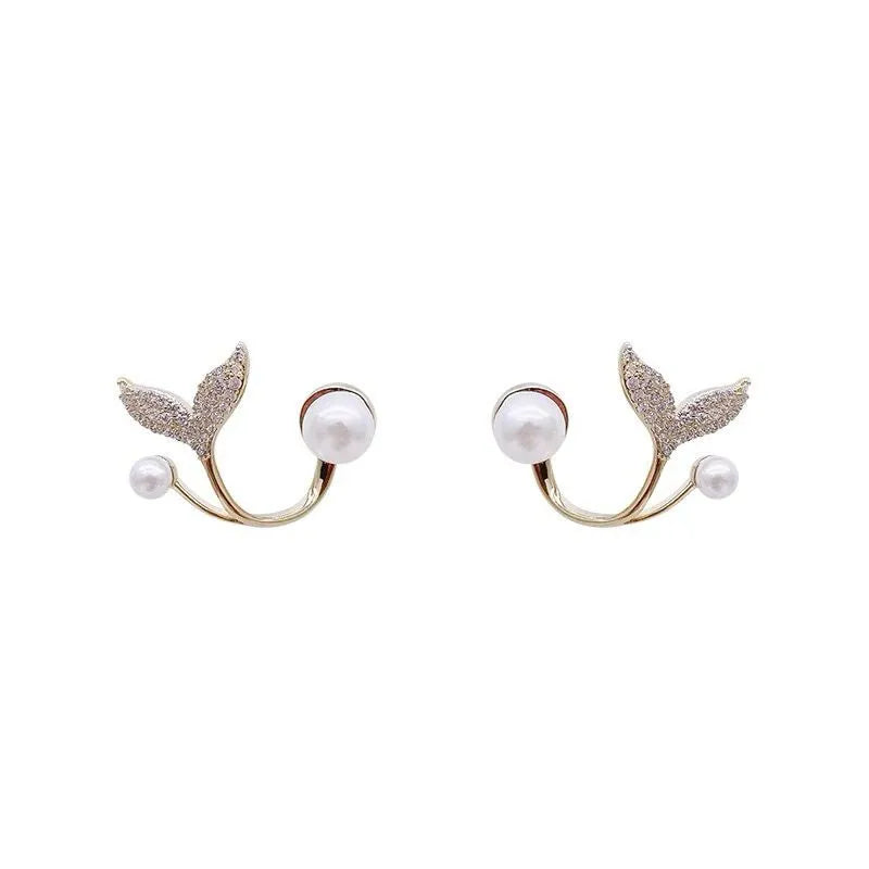 SC Gold Plated Pearl Earrings Micro Inlaid Zircon Stud Earrings Korean Fashion Jewelry Elegant Mermaid Tail Shape Earrings