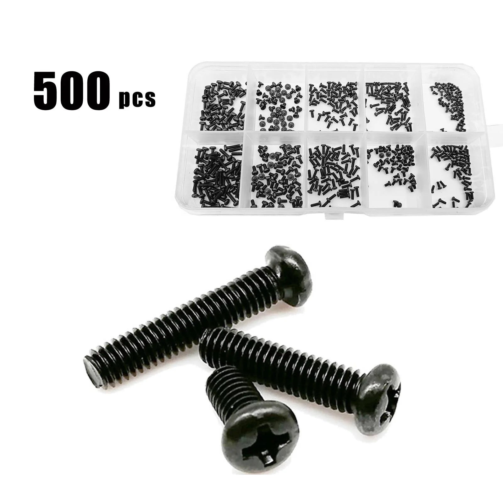Total 500pcs/box M1.2 M1.4 M1.6 Black Mini Micro Phillips Cross Pan Round Head Screw Bolt Set Assortment Kit