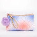 Fashion Quilted Fabric Gradient Ramp Color Cosmetic Bag Make up Pouch Beauty Bag with Pampon Decoration for Femail Lady Eco