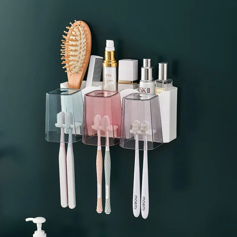 Multi-functional Toothbrush Organizer With 3 Cups Wall Toothbrush and Toothpaste Holder Toothpaste Dispenser for Kids