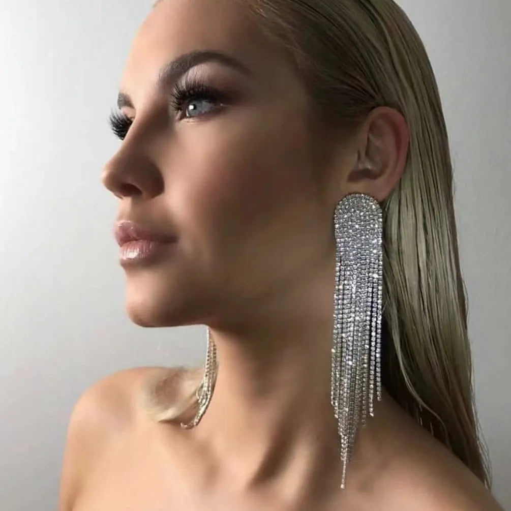 Latest Fashion Silver Rhinestone Crystal Bridal Chandelier Long Tassels Dangle Earrings for Wedding Accessories Gift