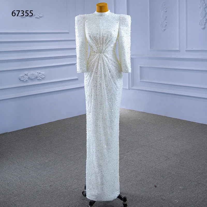 Jancember RSM67335 2021 Luxury Muslim Long Sleeve Mermaid Bridal Gown for Women Wedding Dresses