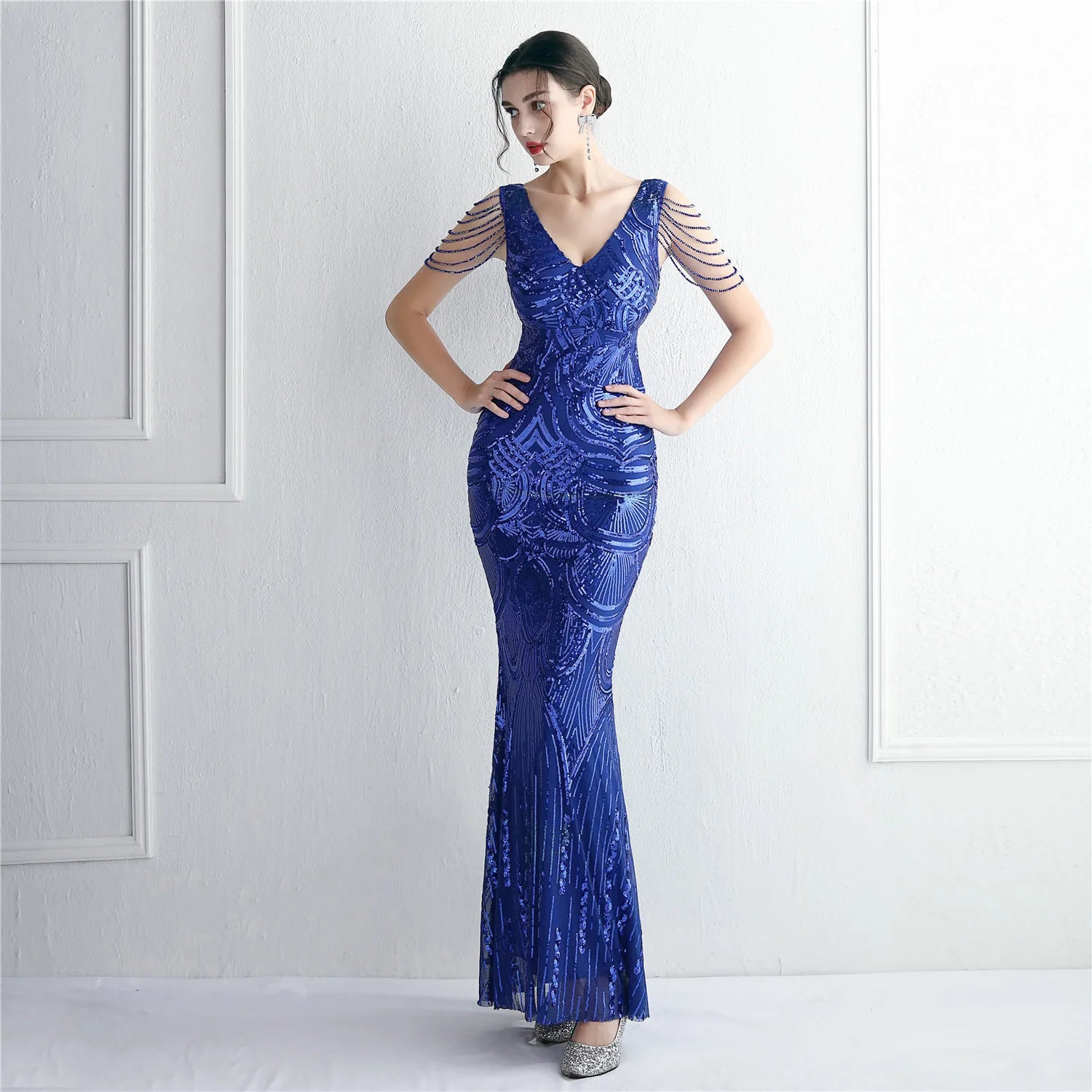 19608# Long Banquet Slim Evening Temperament Elegant Long New Bead Craft Beading Party Dress