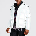 Coated Woven Formal Oversize Iridescent Pearl White Hooded Zip-Up Bubble Puffer Jacket with Front Logo for Winter Ski