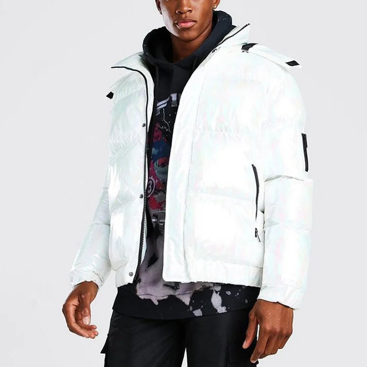 Coated Woven Formal Oversize Iridescent Pearl White Hooded Zip-Up Bubble Puffer Jacket with Front Logo for Winter Ski