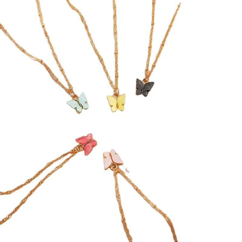 Direct Deal Gold Plated Choker Necklace Acrylic Colorful Butterfly Pendant Necklace for Girlfriend