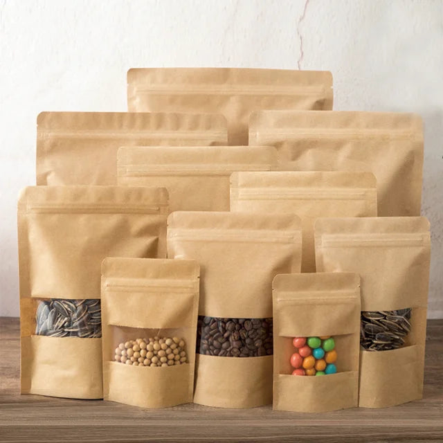 Wholesale Brown Paper Kraft Stand up Pouch Bag with Window China Chaozhou Factory's Preferential Price for Pet Food Chewing Gum