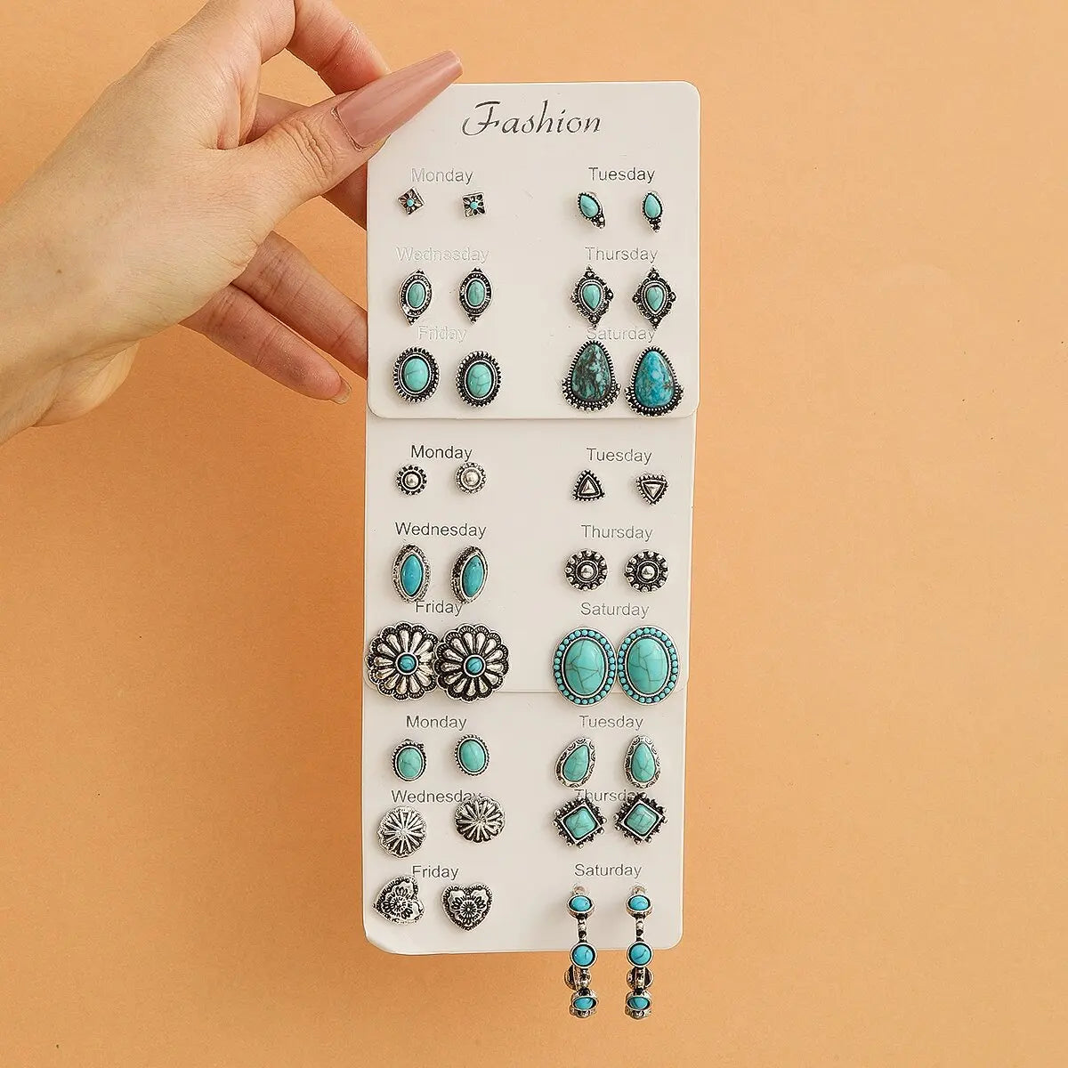 New Bohemian Western Cowboy 6-Pair Set Turquoise Arrow Heart Flower Earrings for Women