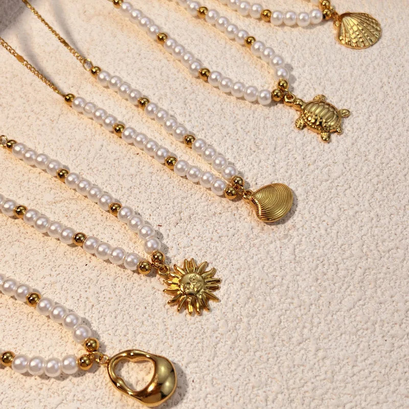 Wholesale Summer Beach Jewelry Stainless Steel PVD Plated Shell Starfish Flower Pendant Pearl Beaded Necklace for Women