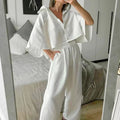 Enyami Loose Nightwear New Style White Cotton Pajamas Sleeves Trousers Home Clothes Women 2 Piece Set
