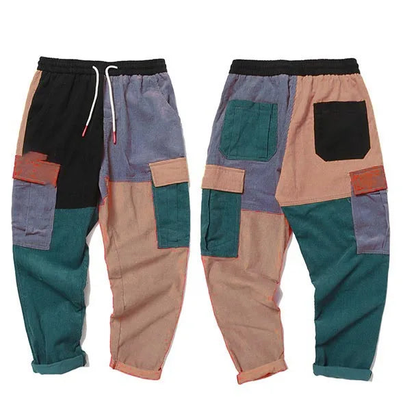 Hip Hip Pants Men Corduroy Color Block Patchwork Cargo Pant Vintage Streetwear Harajuku Jogger Sweatpants Trousers 2021
