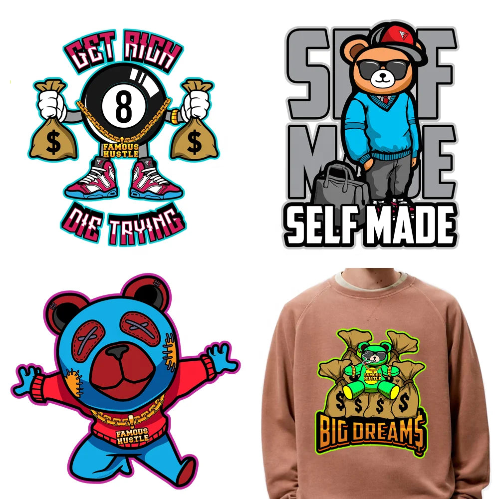 Hot Sale Custom Self Made Famous Hustle Bear Design Heat Transfer Printing Sticker Get Rich Bear Print for T-shirt
