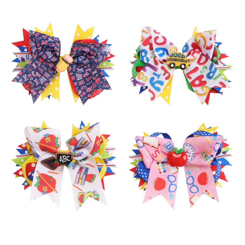 2025 School Supplier Hair Clips Printed Ribbon Bows for Girls Kids Hairpins Layered Hair Accessories Back to School Hair Bows