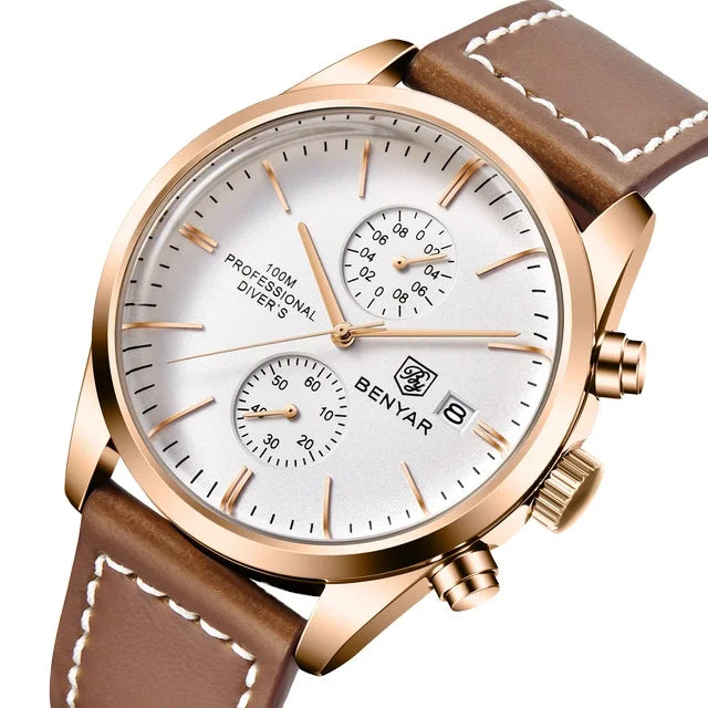 BENYAR Watch 5187 New Sports Leather Men Watch Luxury Gift Quartz Wristwatches 100M Waterproof Multi-function Chronograph