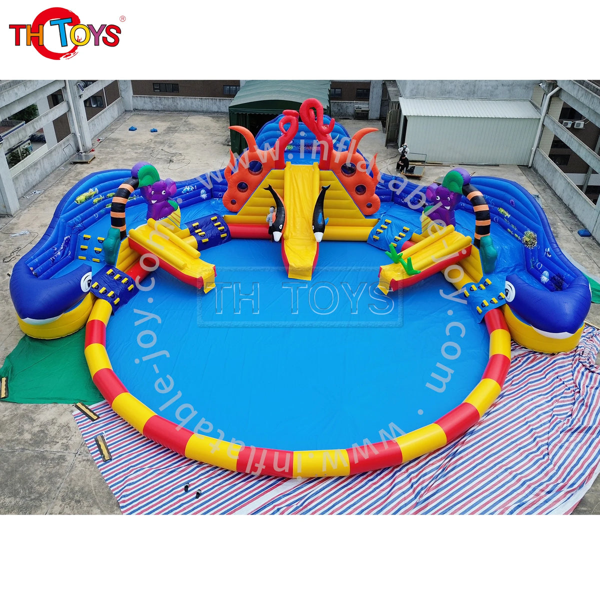 Ocean Theme Inflatable Amusement Park Funcity with Whales and Dolphins Slide 15mDia Pool Good for Summer Season