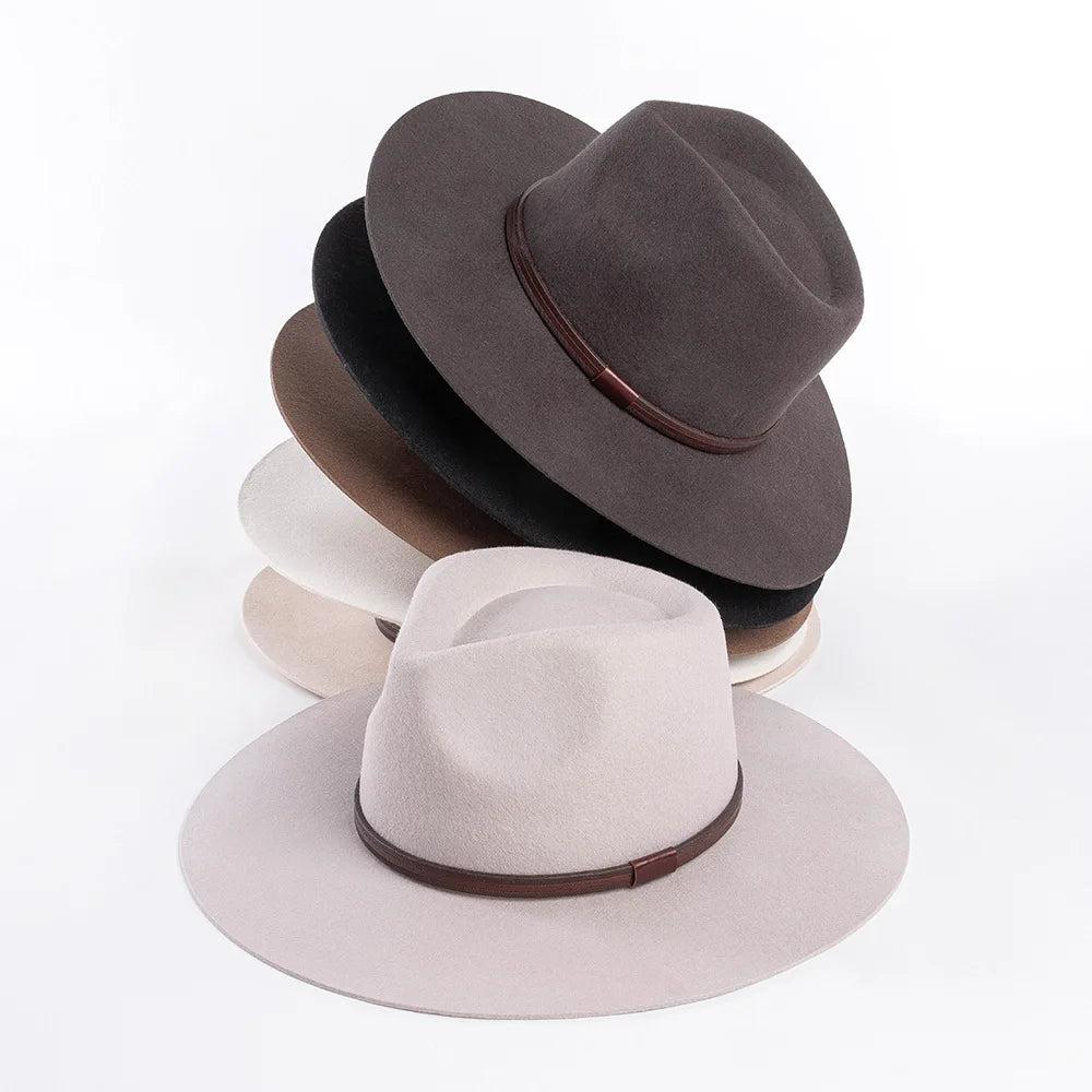 Custom Large Head Size Vintage PU Leather Belt Women Men  Wool Felt Wide Brim Fedora Hat
