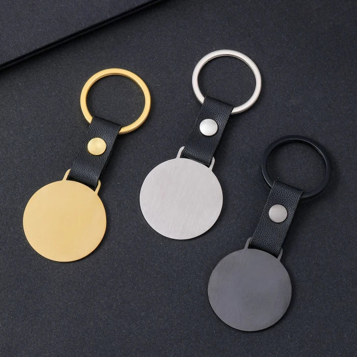 Personalized Engraved Logo Stainless Steel Leather Keyring Blank Key Chains Round Disc Dog Tags Keychain Carabiner Gifts