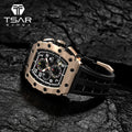 TSAR BOMBA Men's SEIKO Sapphire Glass Chronograph Tonneau Stainless Steel 18mm Silicone Band Crystal Dial 50M Water Resistant