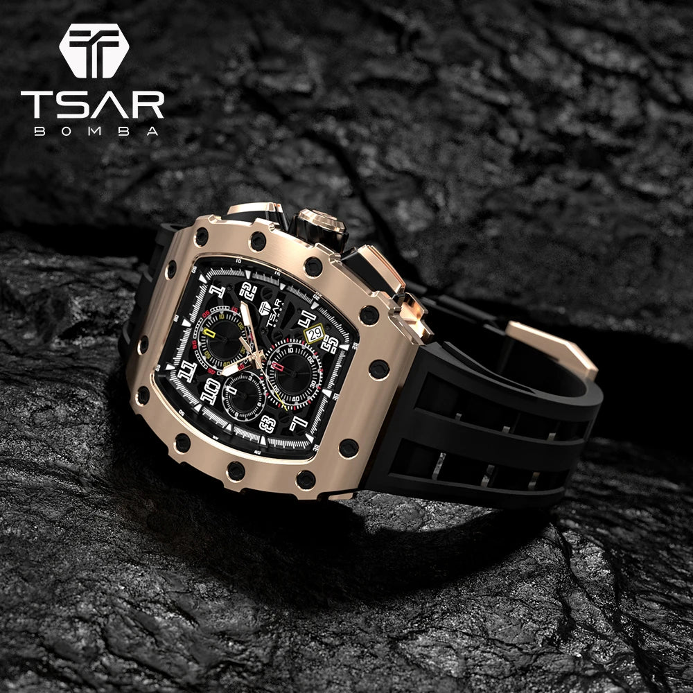 TSAR BOMBA Men's SEIKO Sapphire Glass Chronograph Tonneau Stainless Steel 18mm Silicone Band Crystal Dial 50M Water Resistant