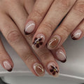 3969 Elegant Brown French Gold and Black Floral Art Short Round False Nail Press on Nail Artificial Fingernails Customize