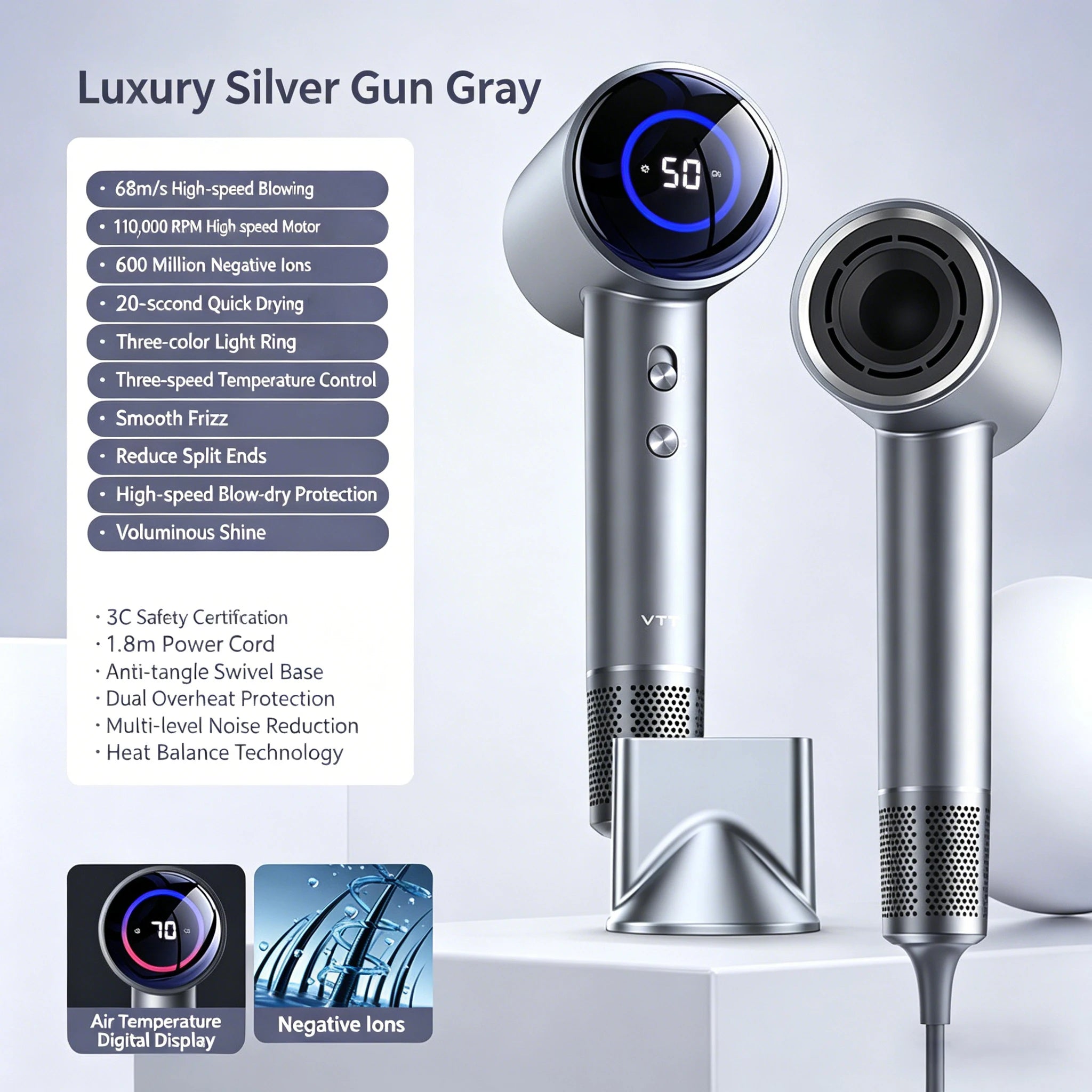 High-Speed Ionic Blow Dryer with Diffuser Nozzle Electric Home Travel Hair Dryer for Hotel and Car Secador De Pelo