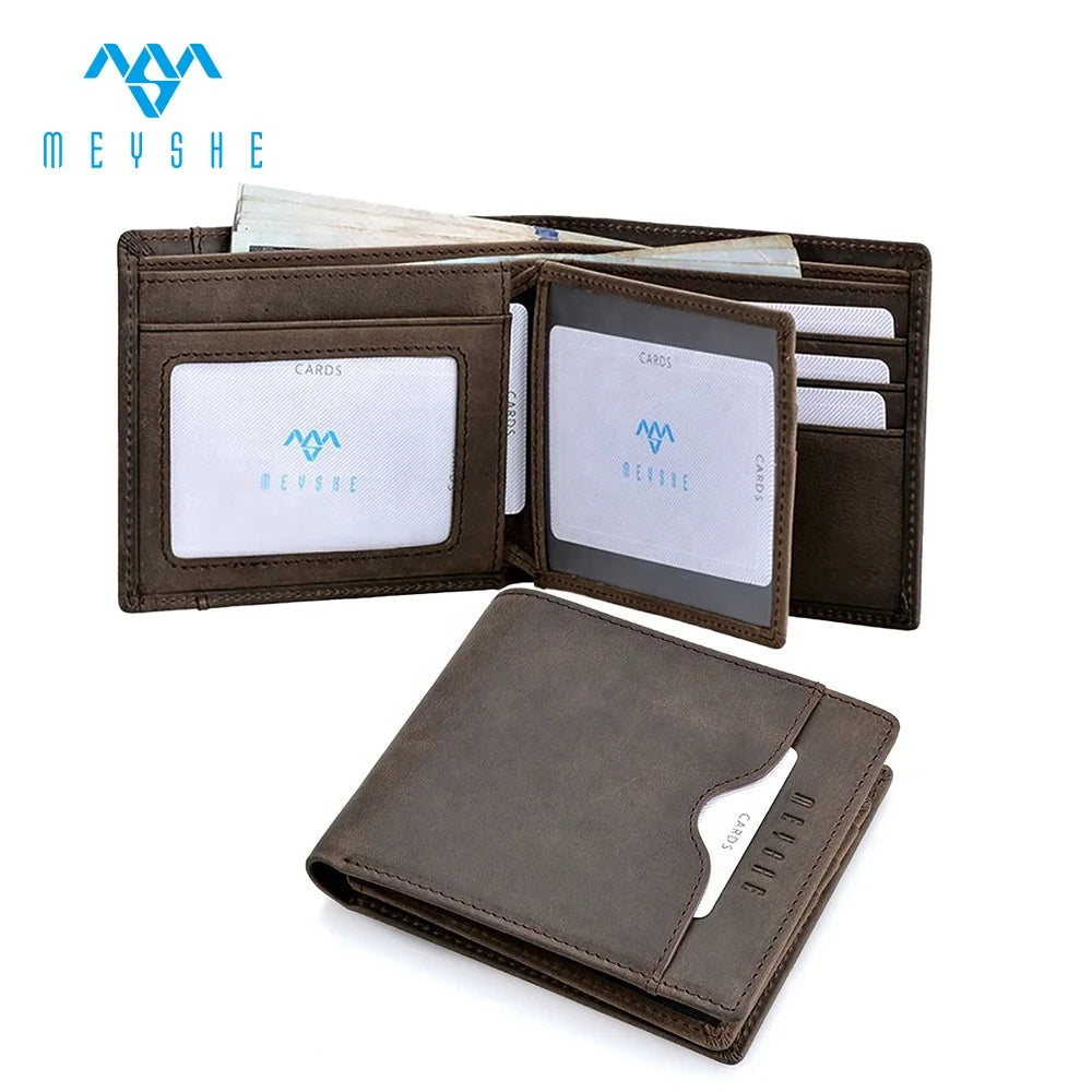 Factory Custom Handmade Crazy Horse Leather RFID Blocking Trifold Short Wallet ID Cardholder for Men MEYSHE