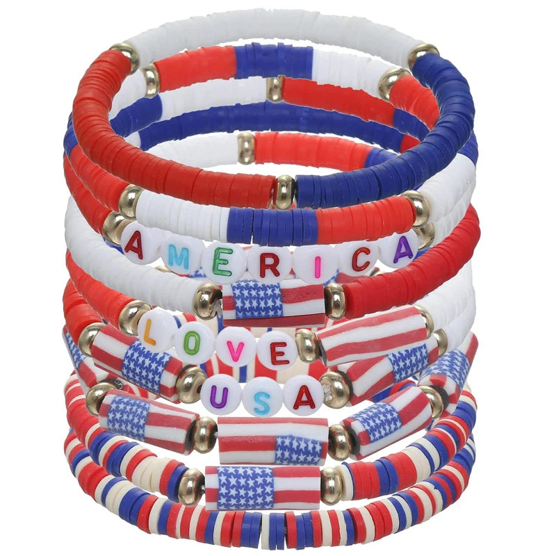 American Independence Day Soft Clay Bracelet Red White Blue Color USA Flag USA Letter Bracelet Festival Gift