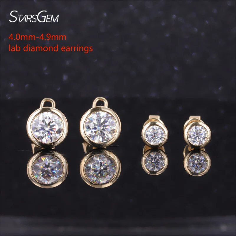 Round CVD Lab Grown Certified Diamond Earrings Classic 14k Solid White Gold Bezel Setting Diamond Stud Earring Set Woman