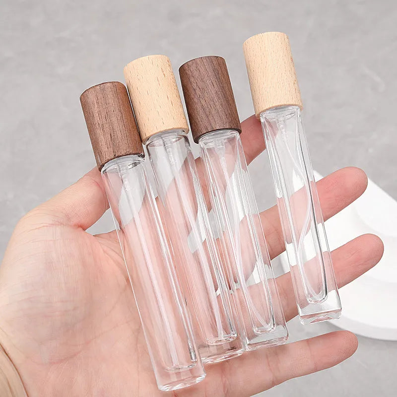 High-end 10ml Portable Refillable Cylinder Screw Neck Empty Glass Bottle with Wooden Cap