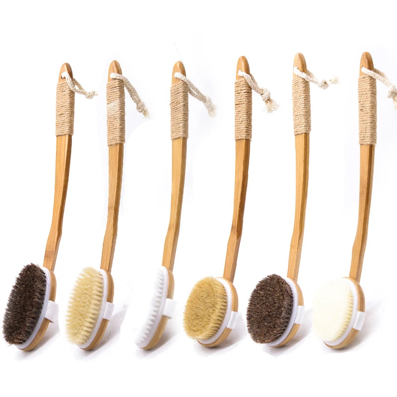 Wooden Eco-friendly All Natural Bath Brushes Back Scrubber Dry Body Brush Set Exfoliating Long Handle Bamboo Shower Brush Boar