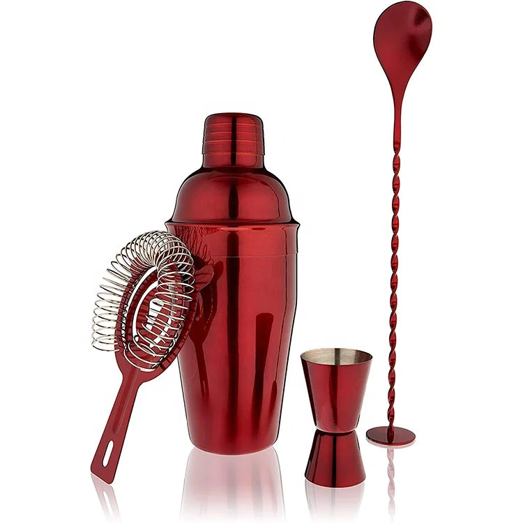 4 Pieces Bartender Kit Red Cocktail Shaker Set Barware Tools with Lid Double Jigger Stainless Steel Cocktail Making Set