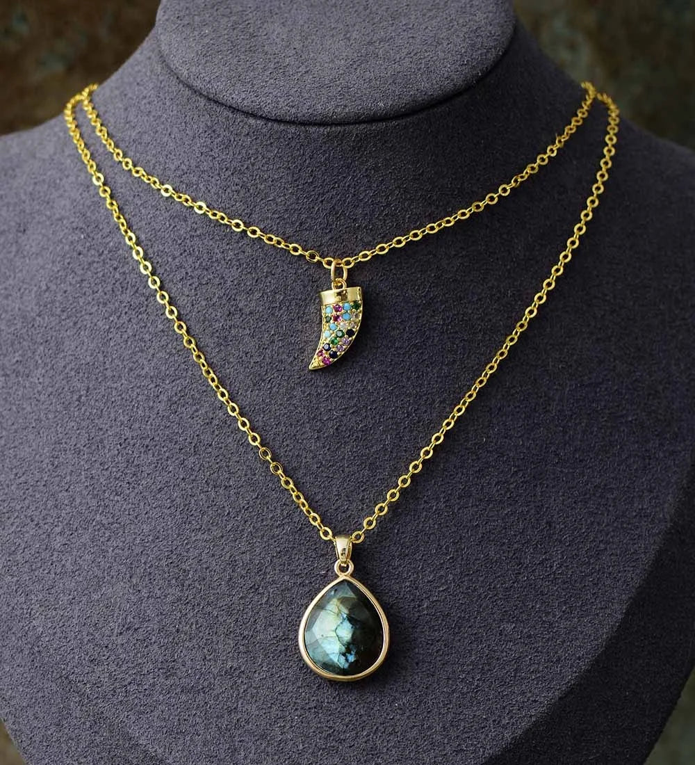 Trendy 2-Layer Labradorite Pendant Zircon Horn Charm Best Friend Sister Woman Fashion Natural Stone Jewelry Necklace Best Chains