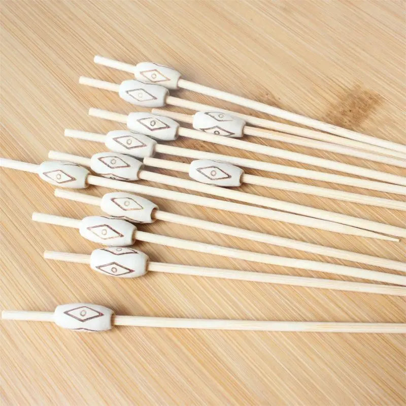 J&M 100pc Bamboo Crafts Assorted Beaded Food Picks Classic Oval Design Cocktail Decorative Beads for Barbecue Parties Club