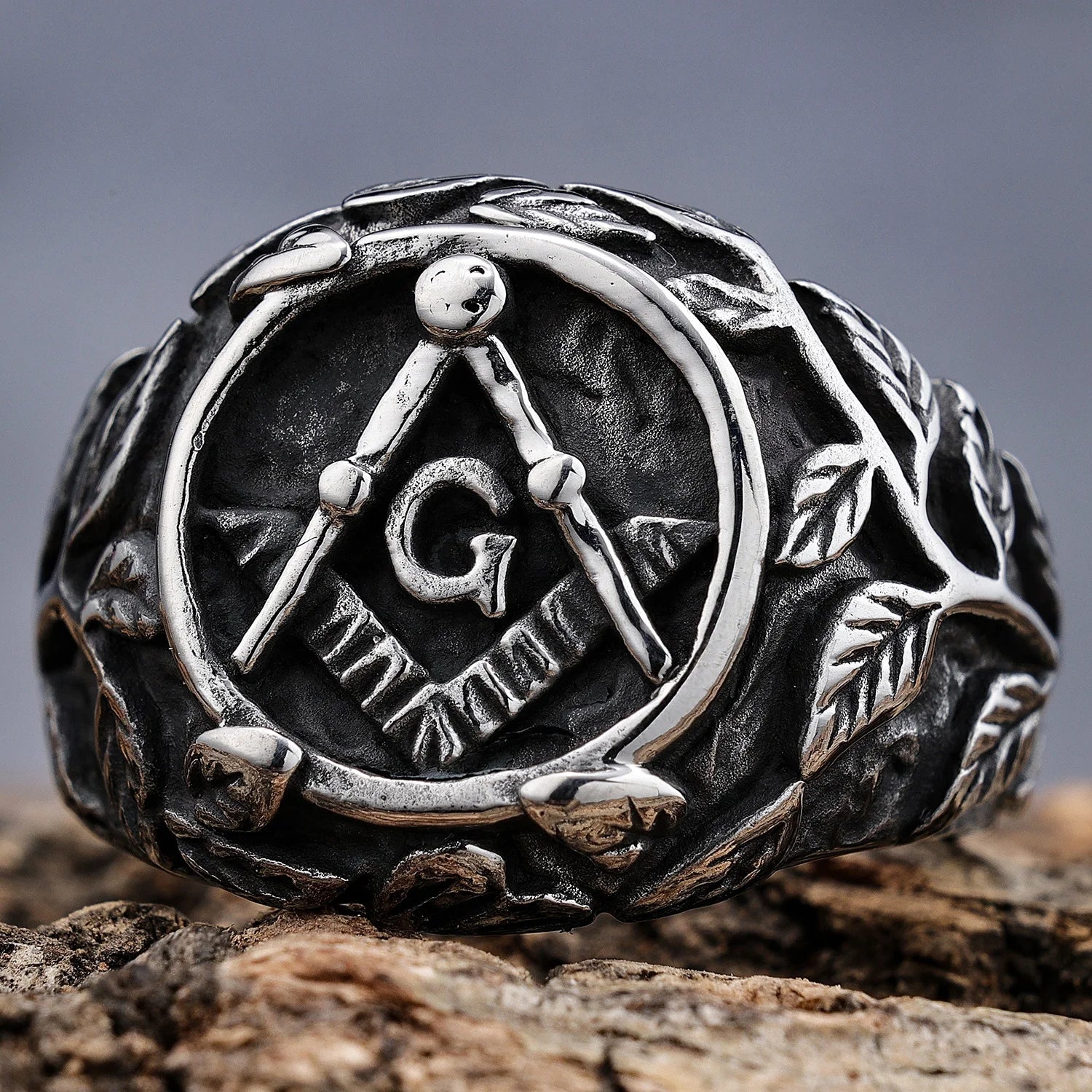 OEM ODM Male Female Masonic Ring Stainless Steel Vintage Silver Flower Pattern Masonic Signet Ring Size 7-13
