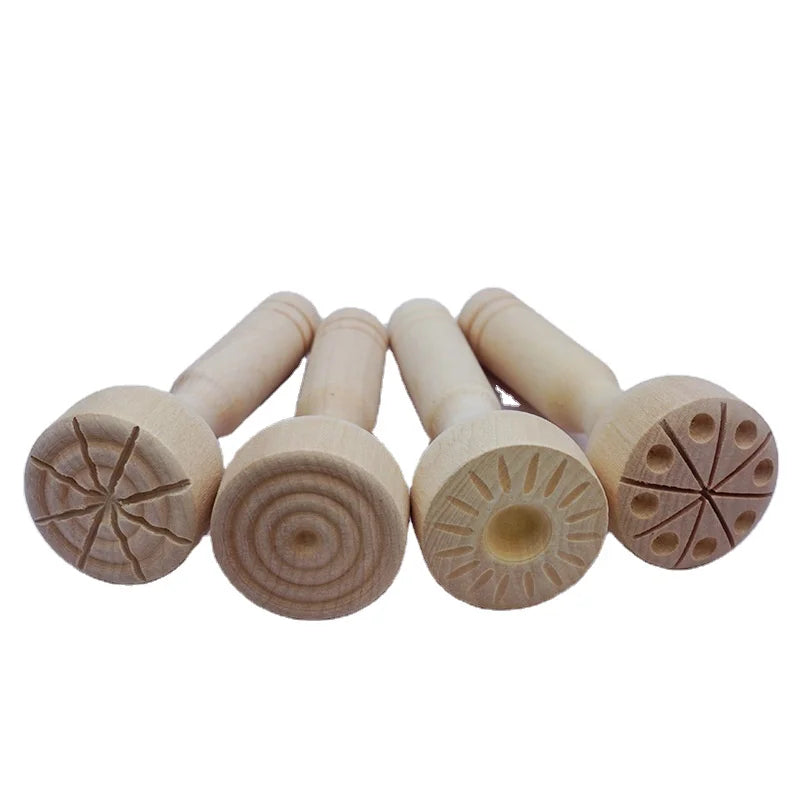 Tailai Wooden Playdough Stamps Wooden Handle Pottery Tools Wooden Handle Stamps Set of 4 Clay Modeling Pattern Kit