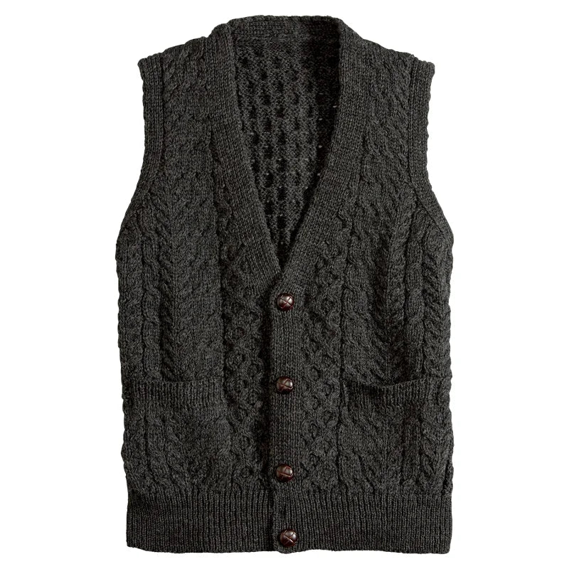 Men's Cable Knit Irish Wool Vest V-Neck Sleeveless with Front Button and Armless Pockets Breathable Winter Sweater