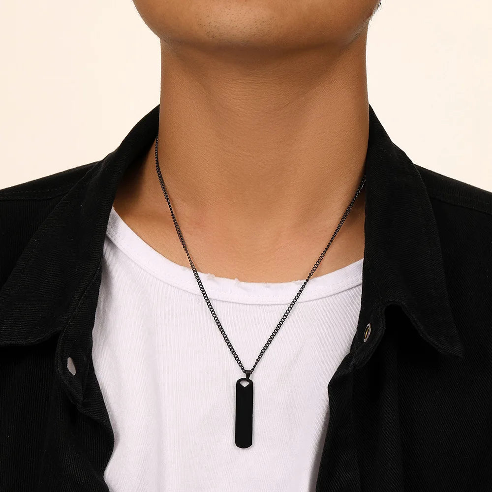 FanYue Men's Simple Black square Long bar Stainless Steel Necklace
