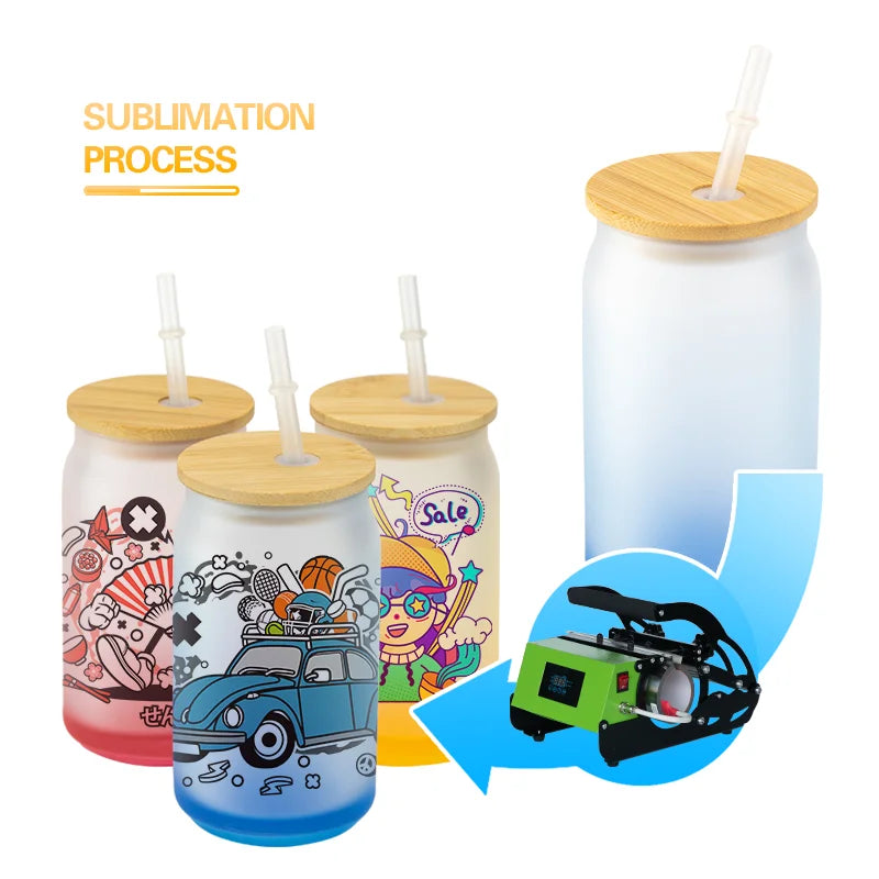 New Arrival Blank Sublimation Beer Shaped Glass Can With Bamboo Lid Sublimation Glass Tumbler
