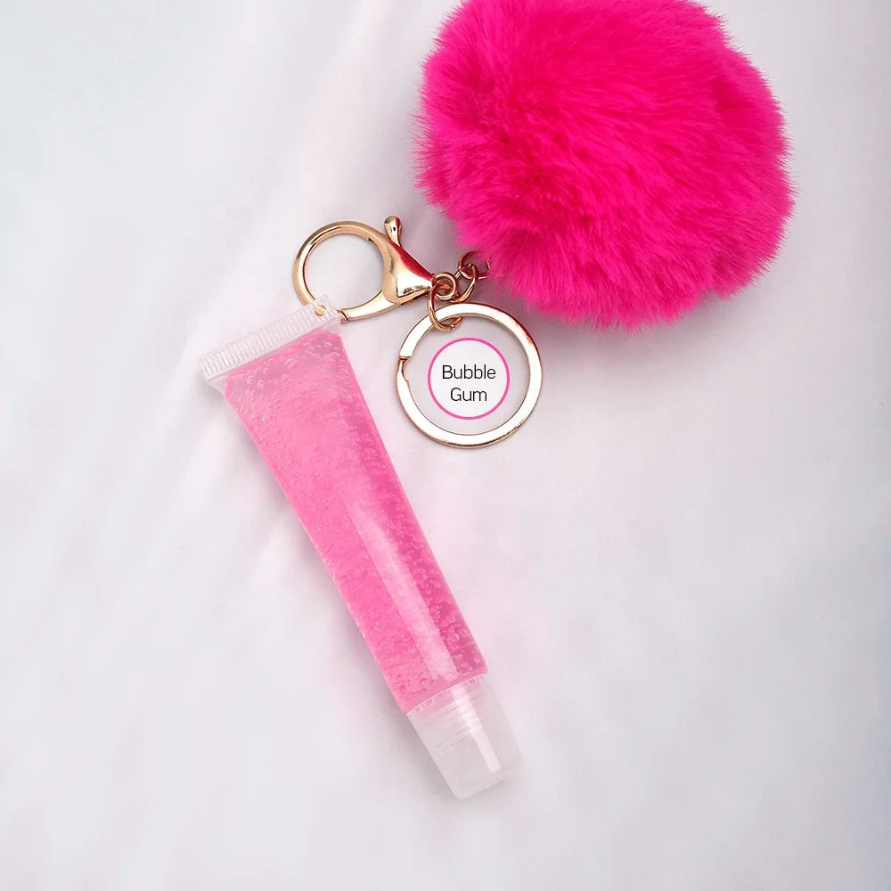 Lipgloss Base Oil Private Label Clear Custom Tube Pompom Plush Ball Keychain Moisturizing Vegan Lip Gloss Make Your Own Brand