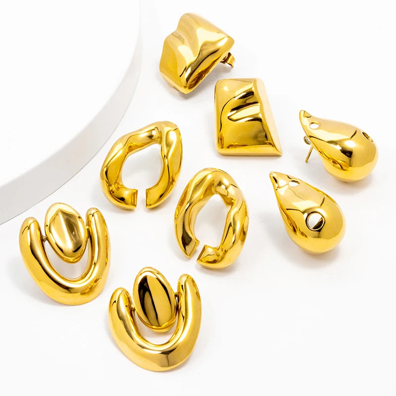 JUSNOVA 2024 Custom Waterproof Stainless Steel 18K Gold Hoop Earrings Fashionable Trendy Waterdrop Design Tarnish Free Jewelry
