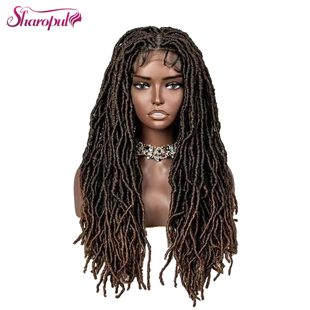 SHAROPUL Hot Sale Afro Kinky Curly for Brown Colored Faux Locs Dreadlock Wigs Soft Braid Synthetic Wig 26inch