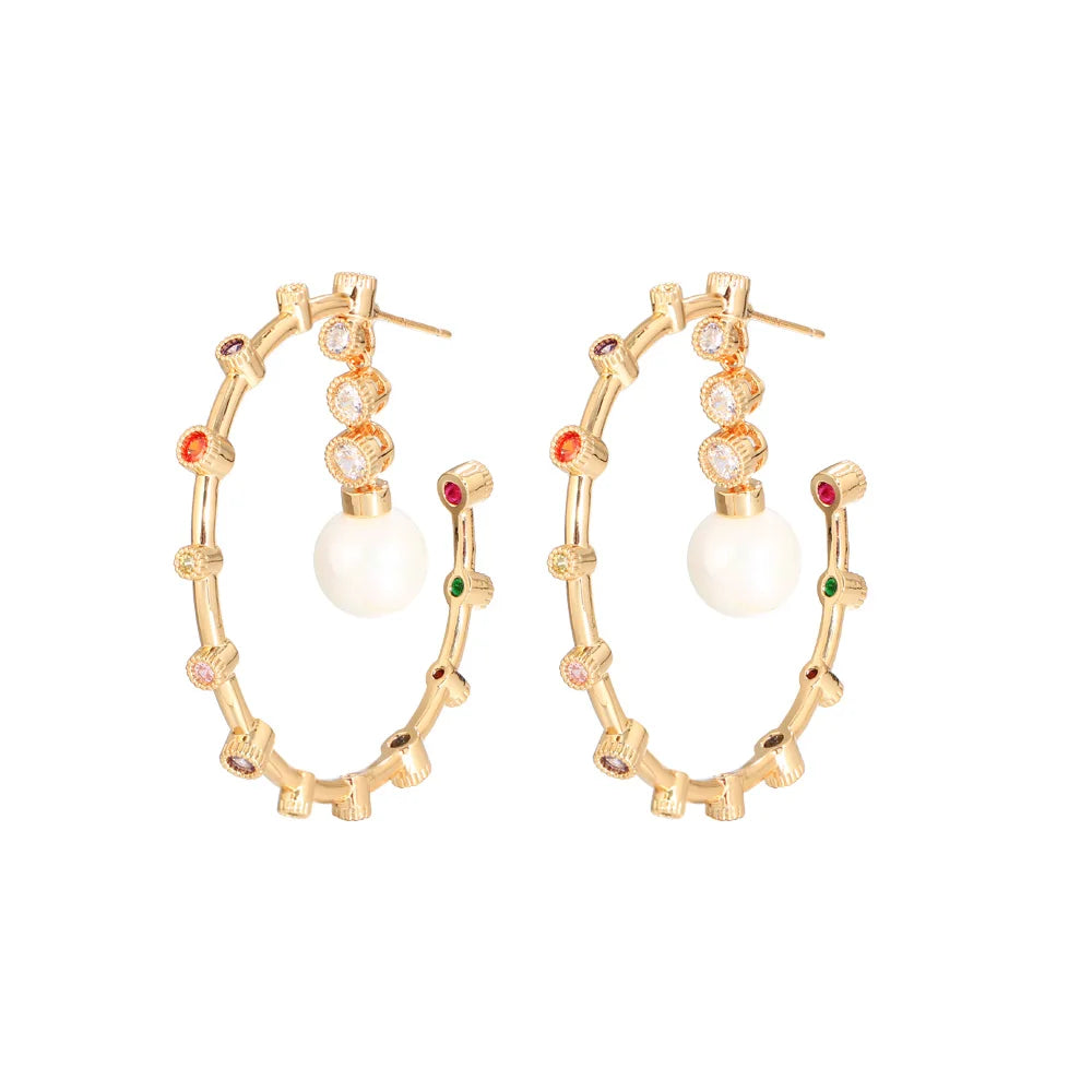 New Fashion Multicolor Cubic Zircon CZ Pearl Dangle Circle Shaped Big Round Hoop Earrings for Women Party Prom Costume Jewelry