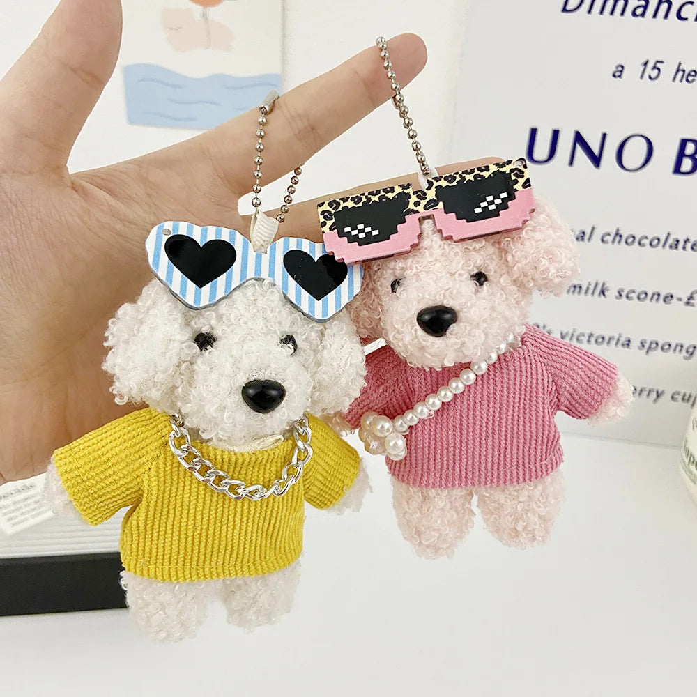 Cute Fluffy Plush Sunglasses Teddy Dog Bag Charm Key Chain Kawayi Pearl Stuffed Animal Toy Backpack Pendant Keychain Accessories