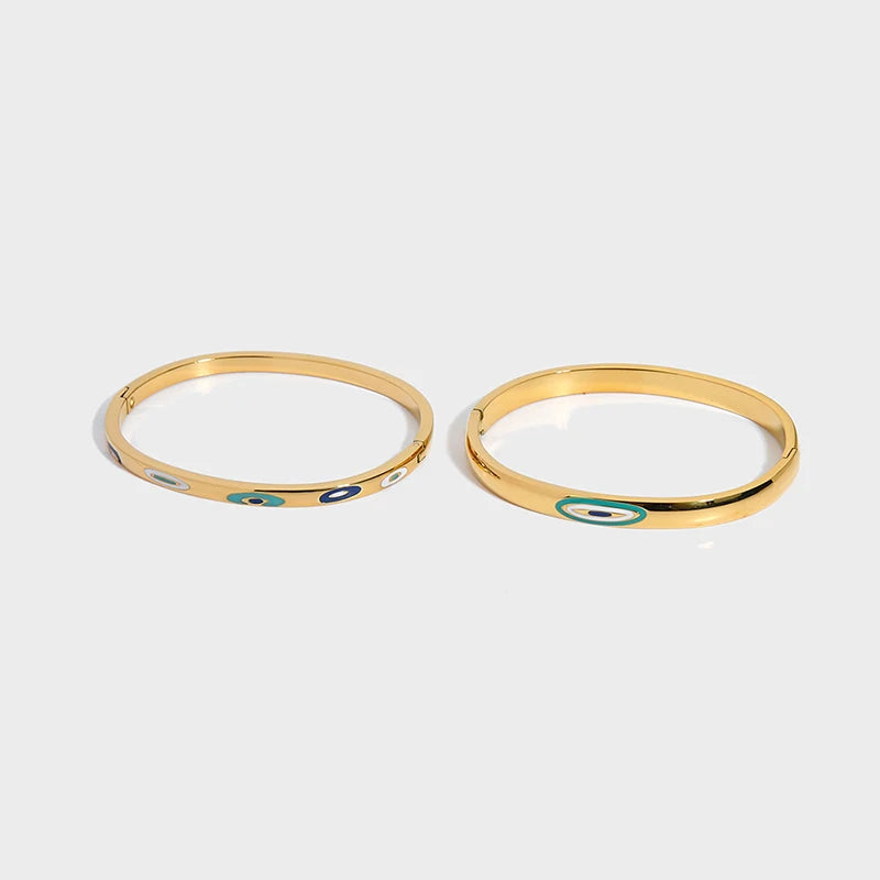 18K Gold Plated Stainless Steel 304/316L Blue Turkish Eye Bangle Bracelet for Women Trendy Waterproof Laser Logo Jewelry