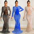 Women Luxury Crystal Evening Dresses Party Prom Elegant Sexy Mesh Hot Drill Long Sleeve Bodycon Maxi Dress