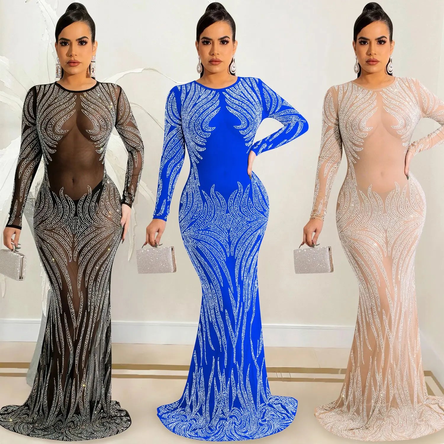 Women Luxury Crystal Evening Dresses Party Prom Elegant Sexy Mesh Hot Drill Long Sleeve Bodycon Maxi Dress