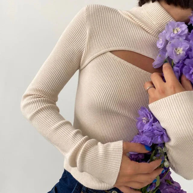Ribber Knitted Turtleneck Top Women Hollow Out Casual Long Sleeve T Shirt Skinny Autumn Winter Slim Tee Lady Sweater Clothing