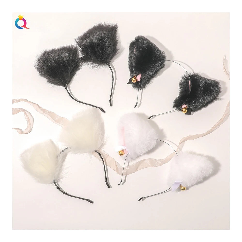 QIYUE Women's Black Thin Headband Cute Sweet Plush Fluffy Cat Ear Hair Accessories Decorations