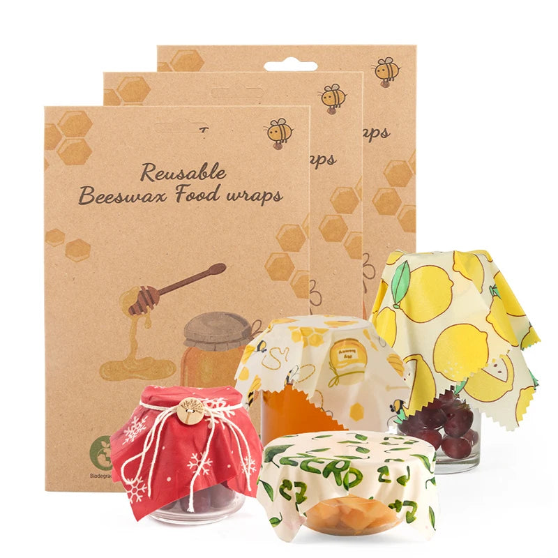 Beeswax Wraps 3-Pack Reusable & Compostable Food Storage Wraps Eco-Friendly Beeswax Coated Cotton for Fresh Food Preservation